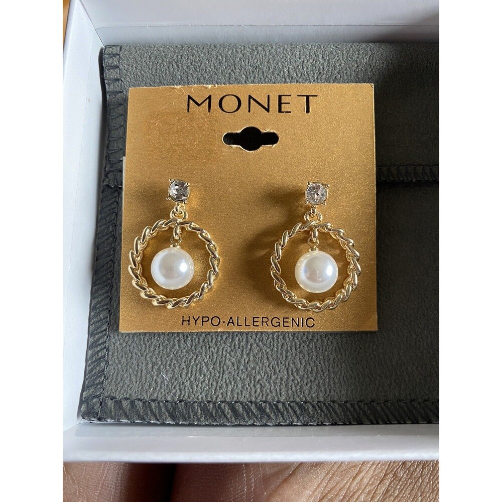 Vintage Monet Faux Pearl Gold Long Dangle Drop Stud Post Earrings